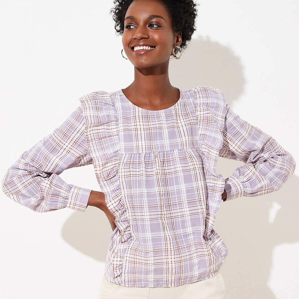 NWT LOFT Plaid Ruffle Cropped Blouse in Lavender
